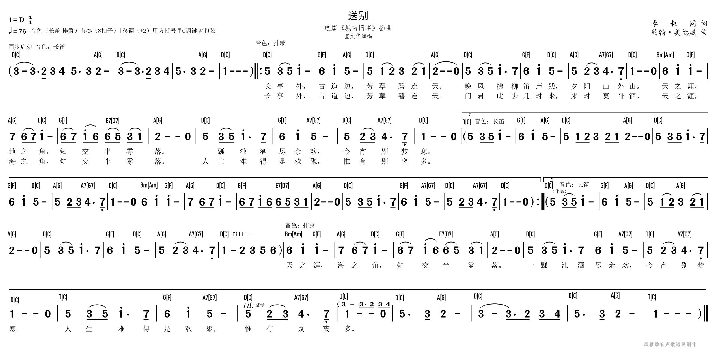 董文华【送别】风雅颂c调原调双和弦歌谱电子琴钢琴简谱网c调伴奏defg