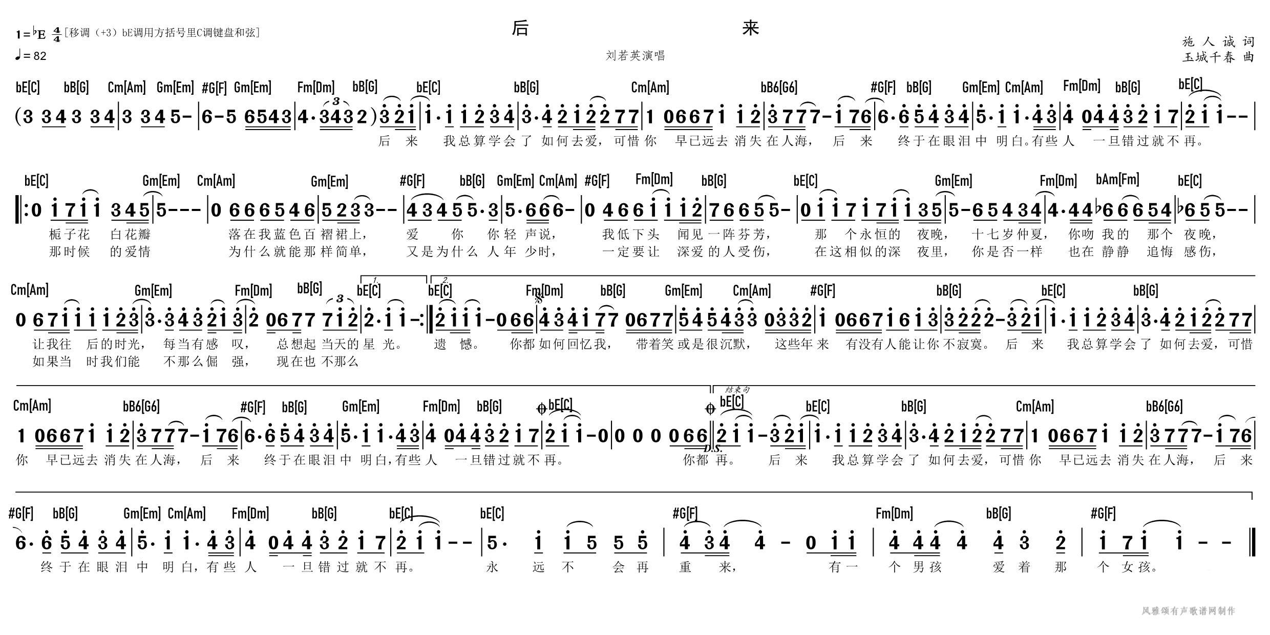 刘若英【后来】风雅颂c调原调双和弦歌谱电子琴钢琴简谱网c调伴奏defg