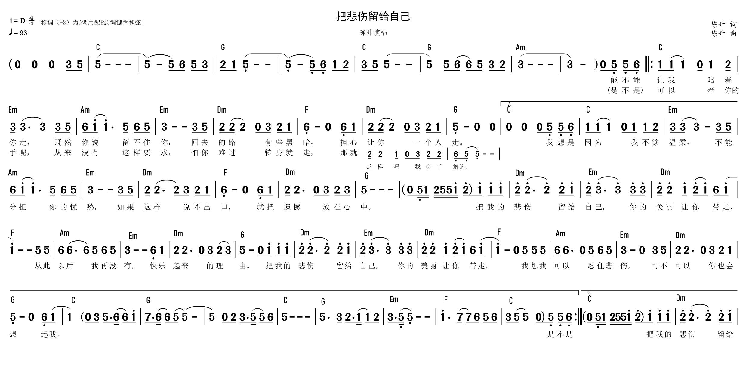 陈升【把悲伤留给自己】风雅颂c调原调双和弦歌谱电子琴钢琴简谱网c调