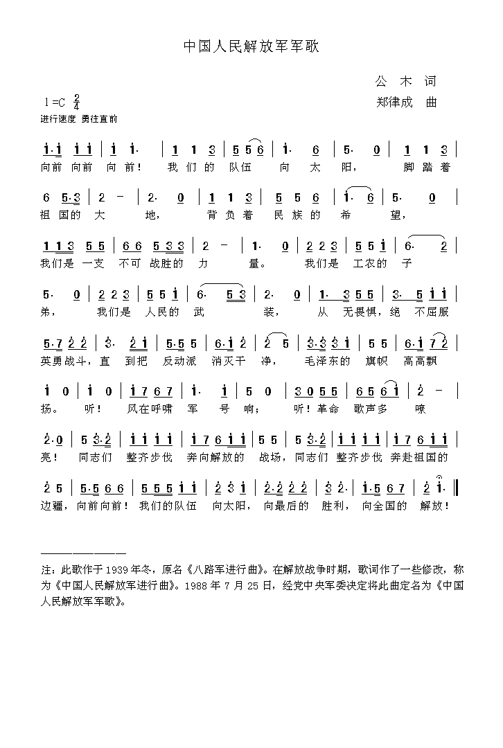 中国人民解放军进行曲高清手机移动歌谱简谱