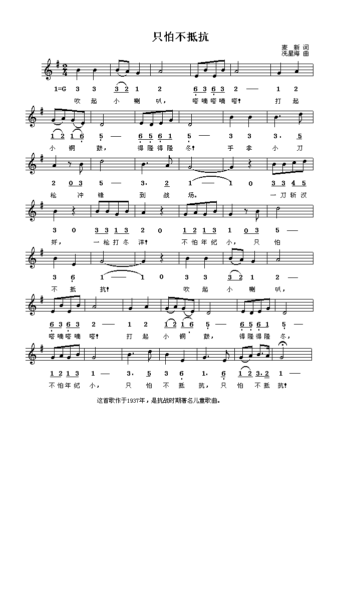 只怕不抵抗（简谱高清手机移动歌谱简谱