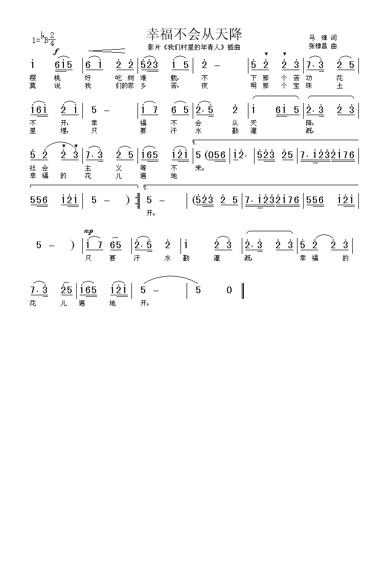幸福不会从天降（《我们村里的年轻人》插曲）高清手机移动歌谱简谱