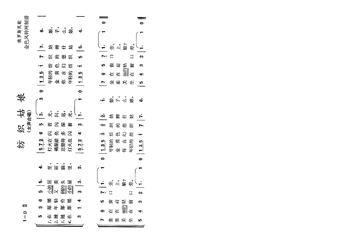 纺织姑娘(俄罗斯民歌)高清手机移动歌谱简谱