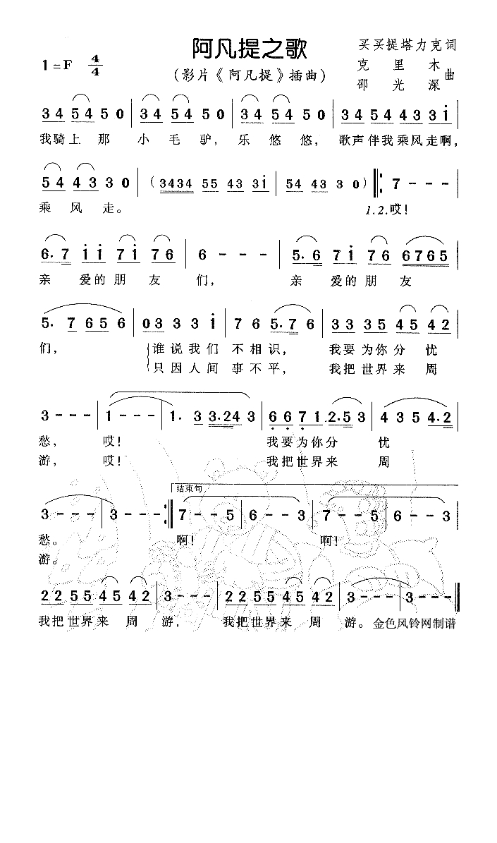 阿凡提之歌（《阿凡提》主题歌）高清手机移动歌谱简谱