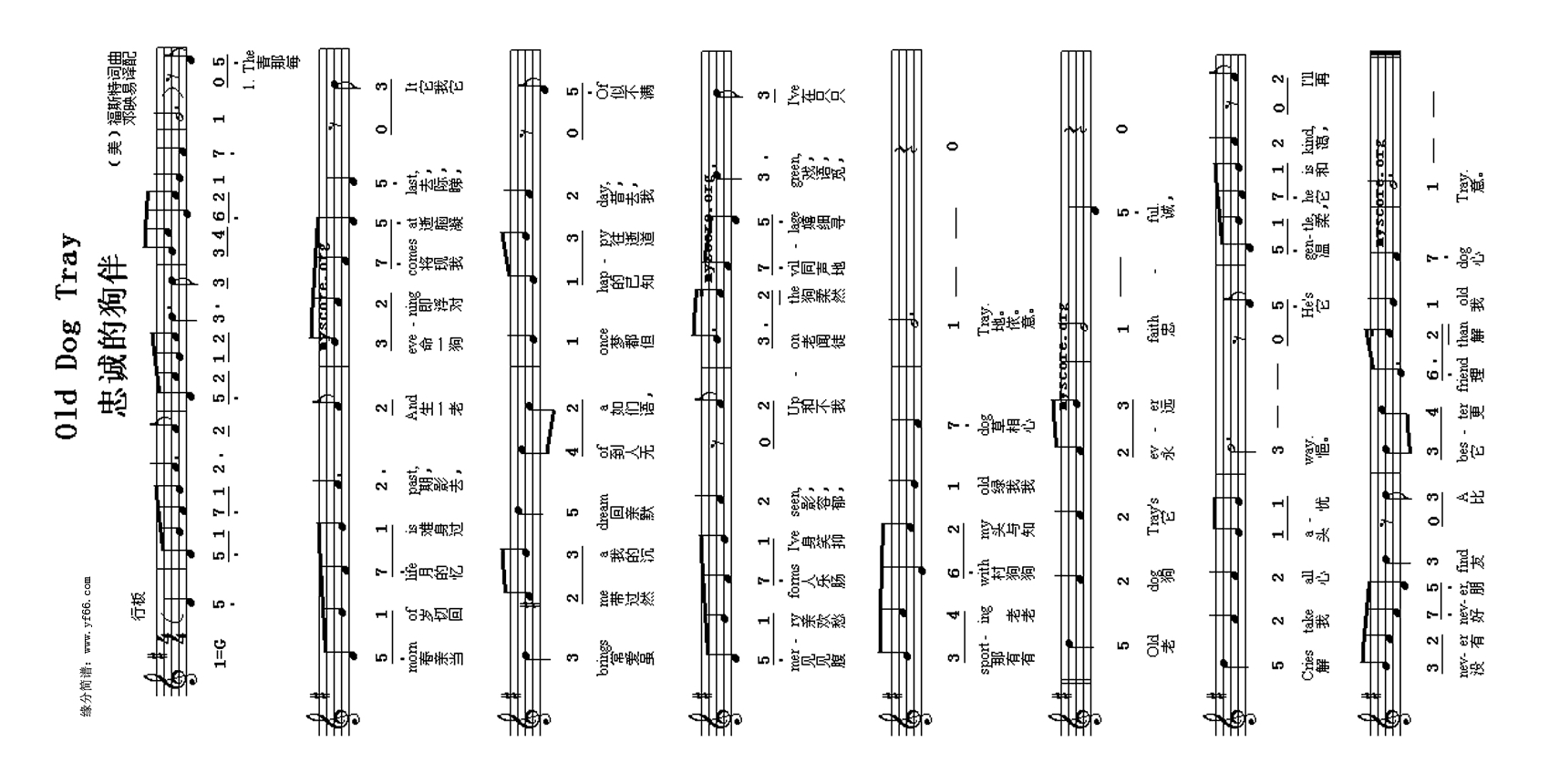 忠诚的狗伴Old Dog Tray高清手机移动歌谱简谱