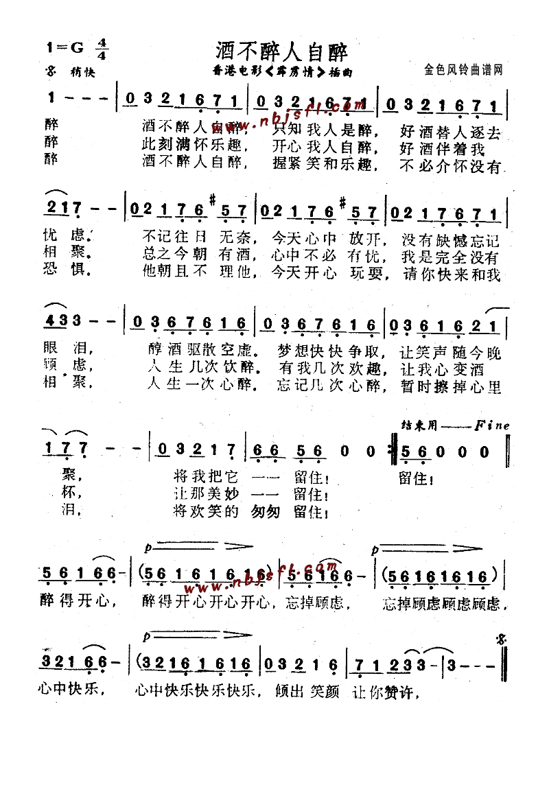 酒不醉人自醉(《霹雳情》插曲)高清手机移动歌谱简谱