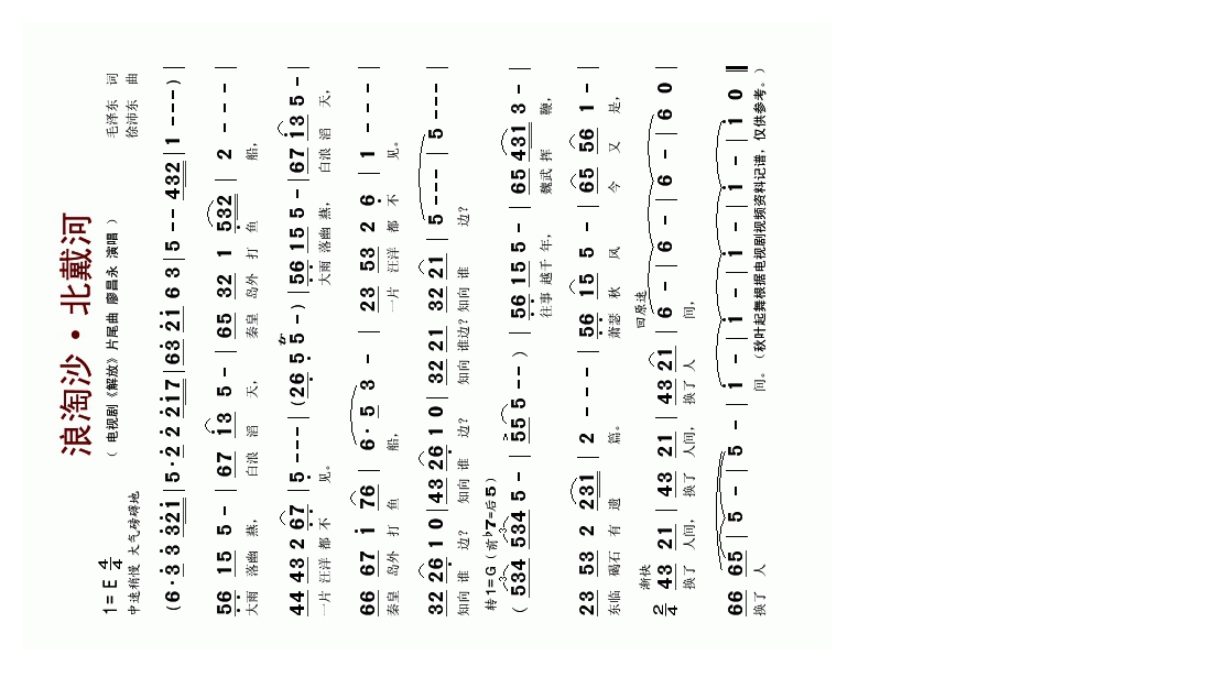 浪淘沙·北戴河(电视剧《解放》片尾曲)高清手机移动歌谱简谱