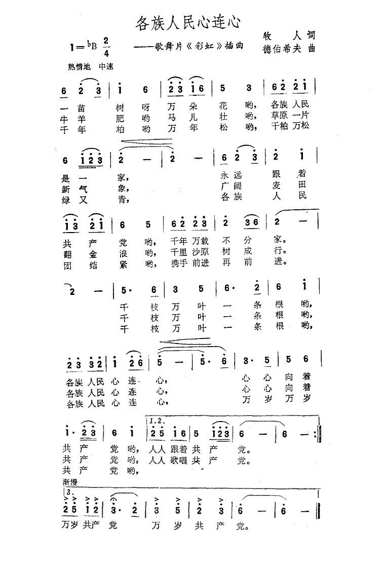 各族人民心连心(歌舞片《彩虹》选曲)高清手机移动歌谱简谱