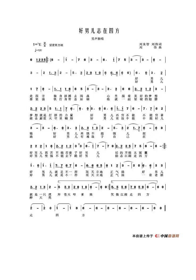 好男儿志在四方（刘良智 刘伟词 刘伟曲）高清手机移动歌谱简谱