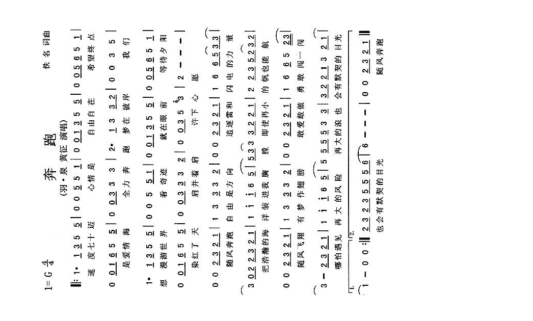 奔跑（黄征词 黄征 羽泉曲）高清手机移动歌谱简谱
