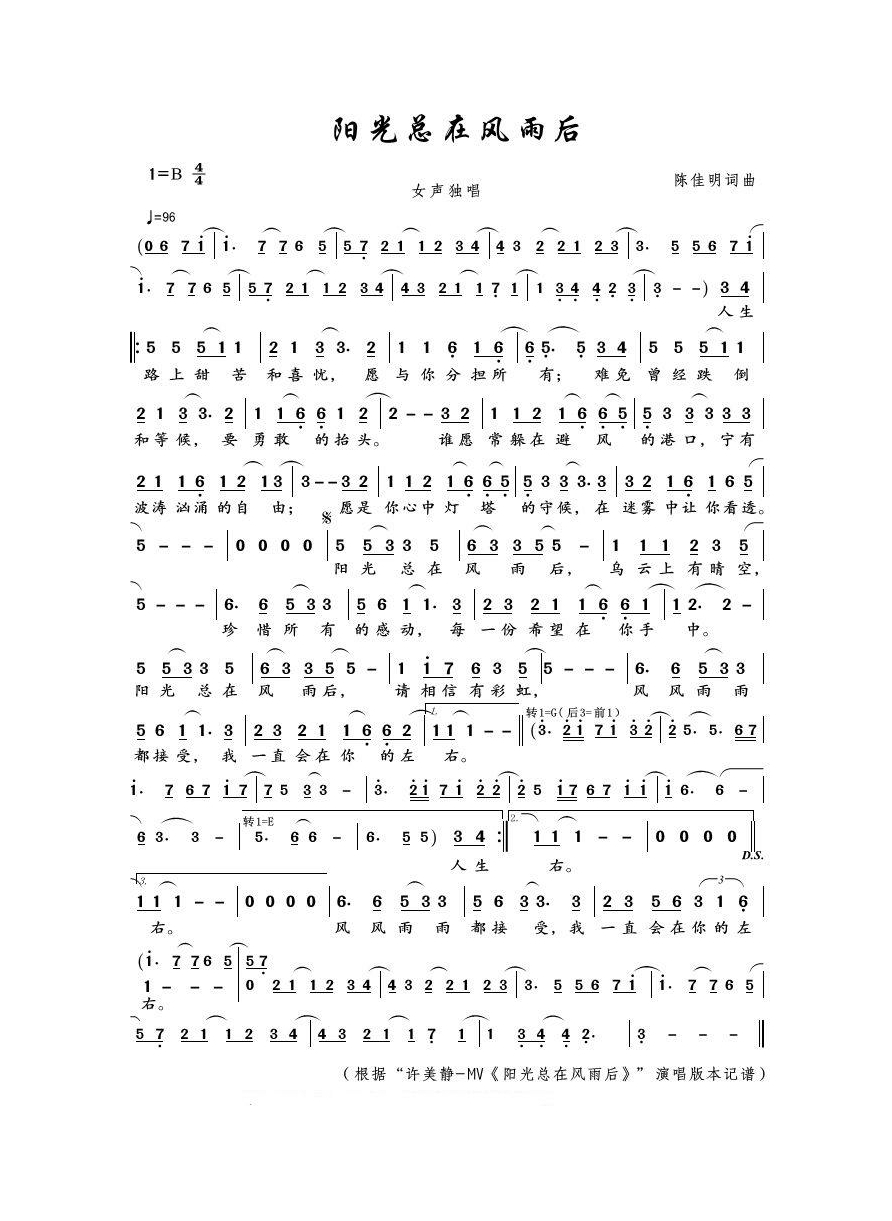 阳光总在风雨后 (2)高清手机移动歌谱简谱