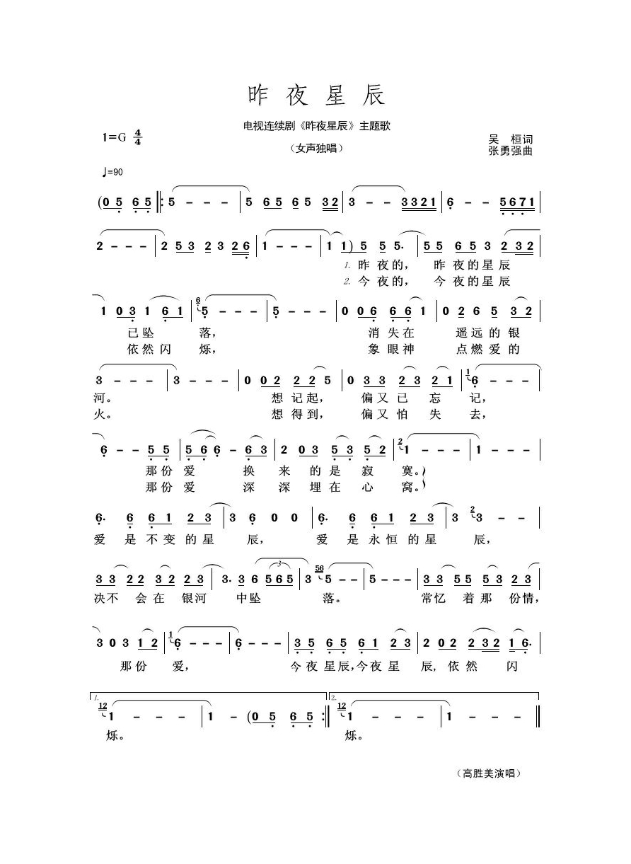 昨夜星辰（电视连续剧《昨夜星辰》主题歌）高清手机移动歌谱简谱