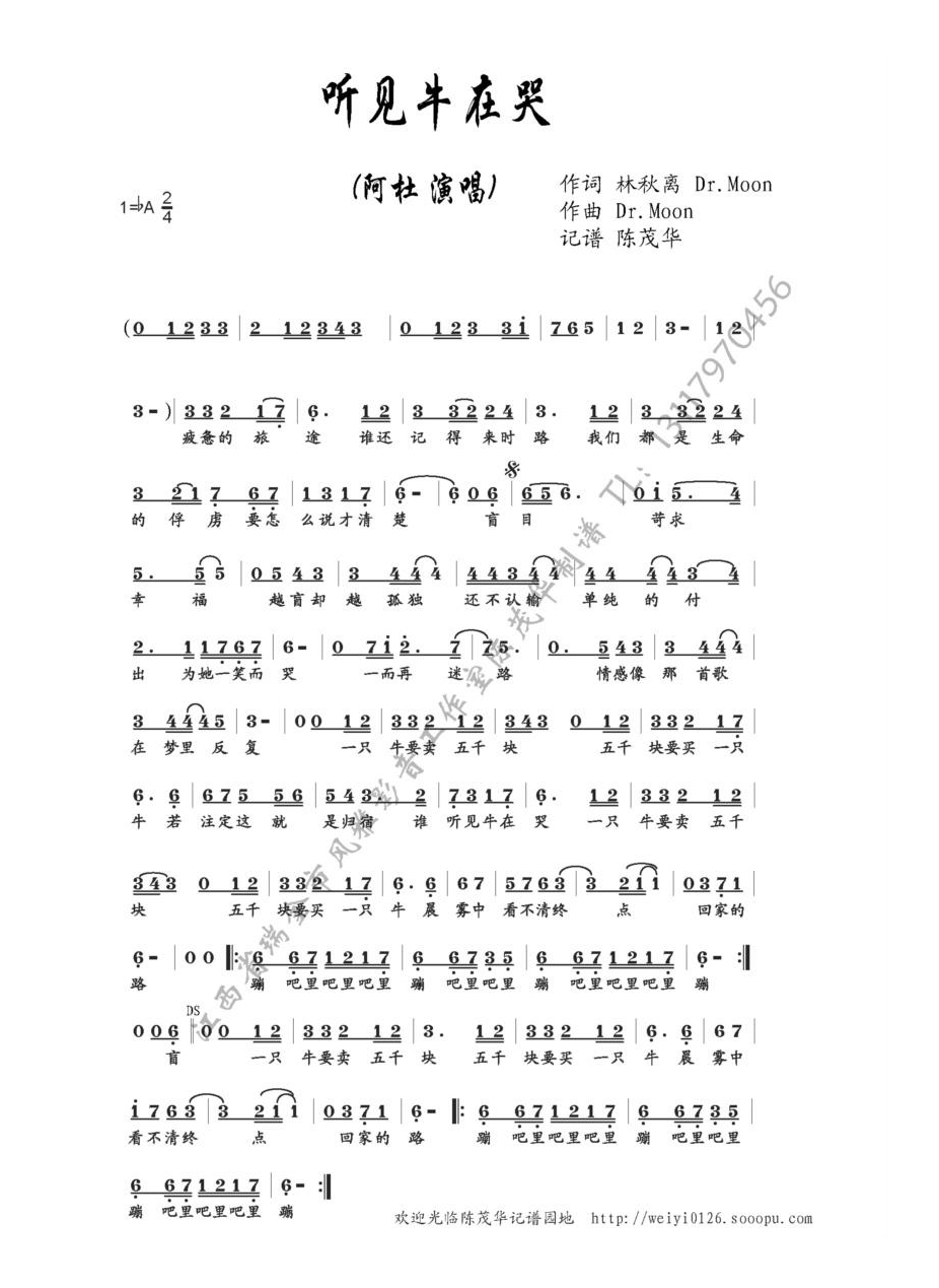 听见牛在哭高清手机移动歌谱简谱
