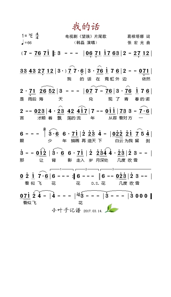 我的话（电视剧《望族》片尾歌）高清手机移动歌谱简谱