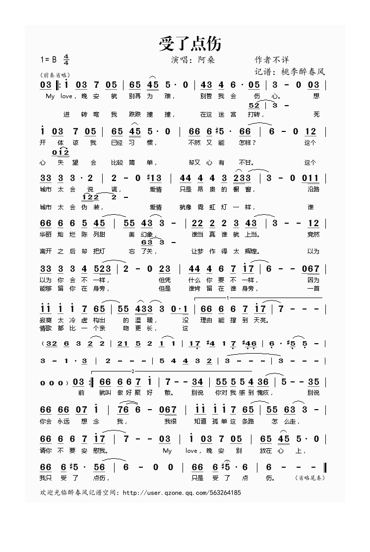 受了点伤高清手机移动歌谱简谱