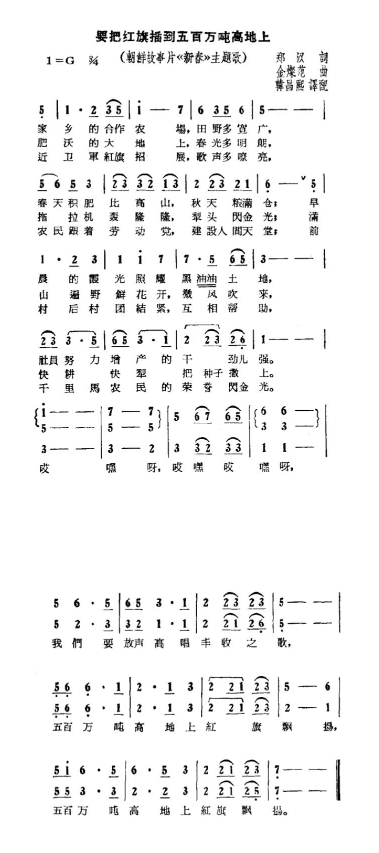 要把红旗插到五百万吨高地上（故事片《新春》主题歌）高清手机移动歌谱简谱