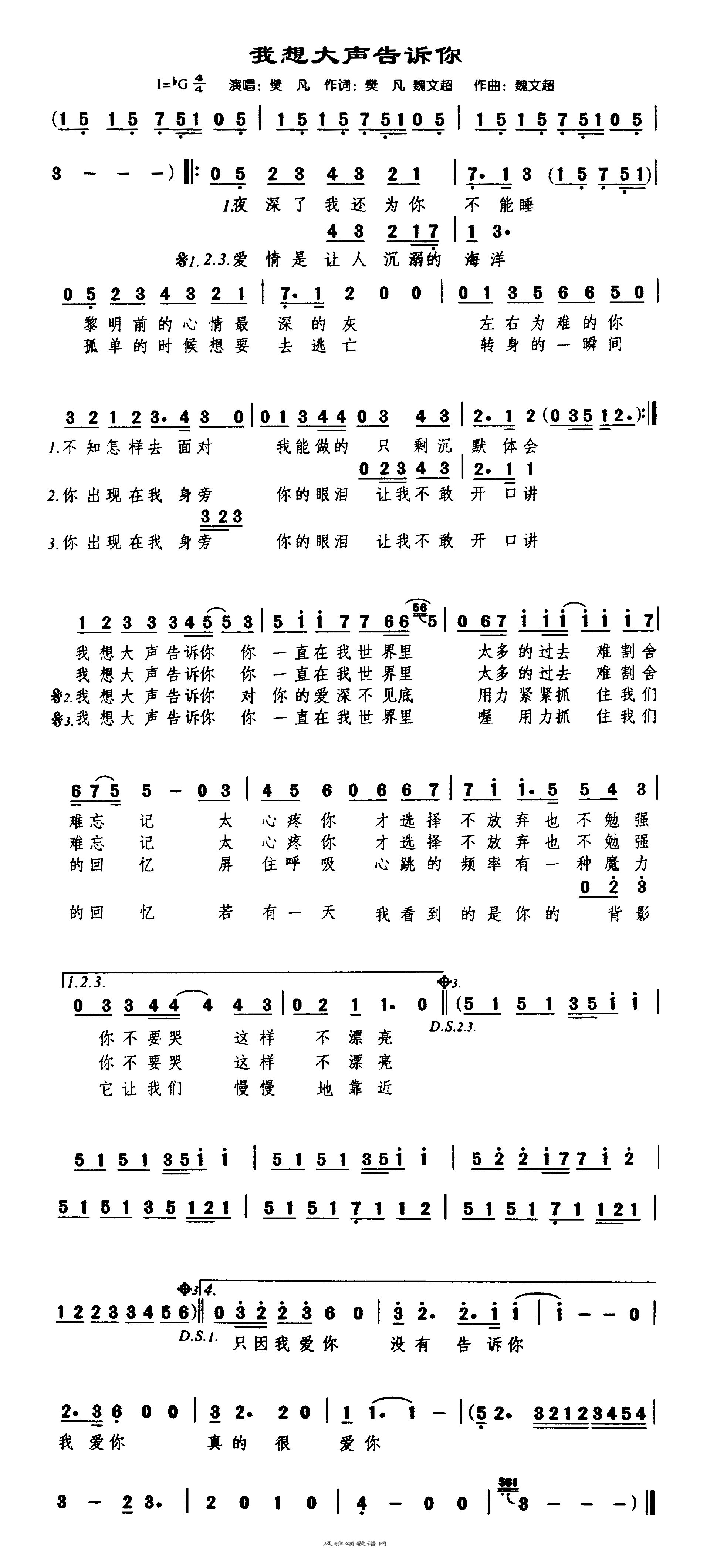 樊凡《我想大声告诉你》吉他谱C调初学者版与歌词 - 歌谱大全 - 蓝灵育儿网