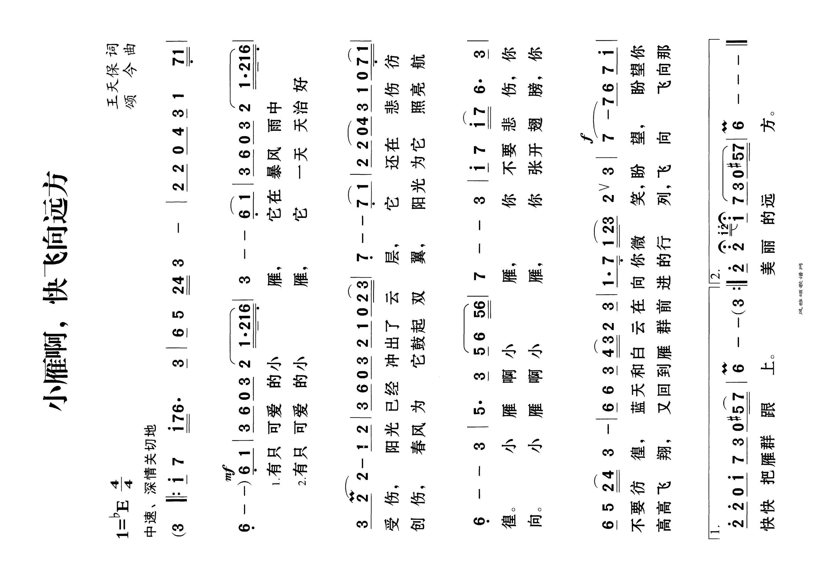 小雁啊快飞向远方高清手机移动歌谱简谱