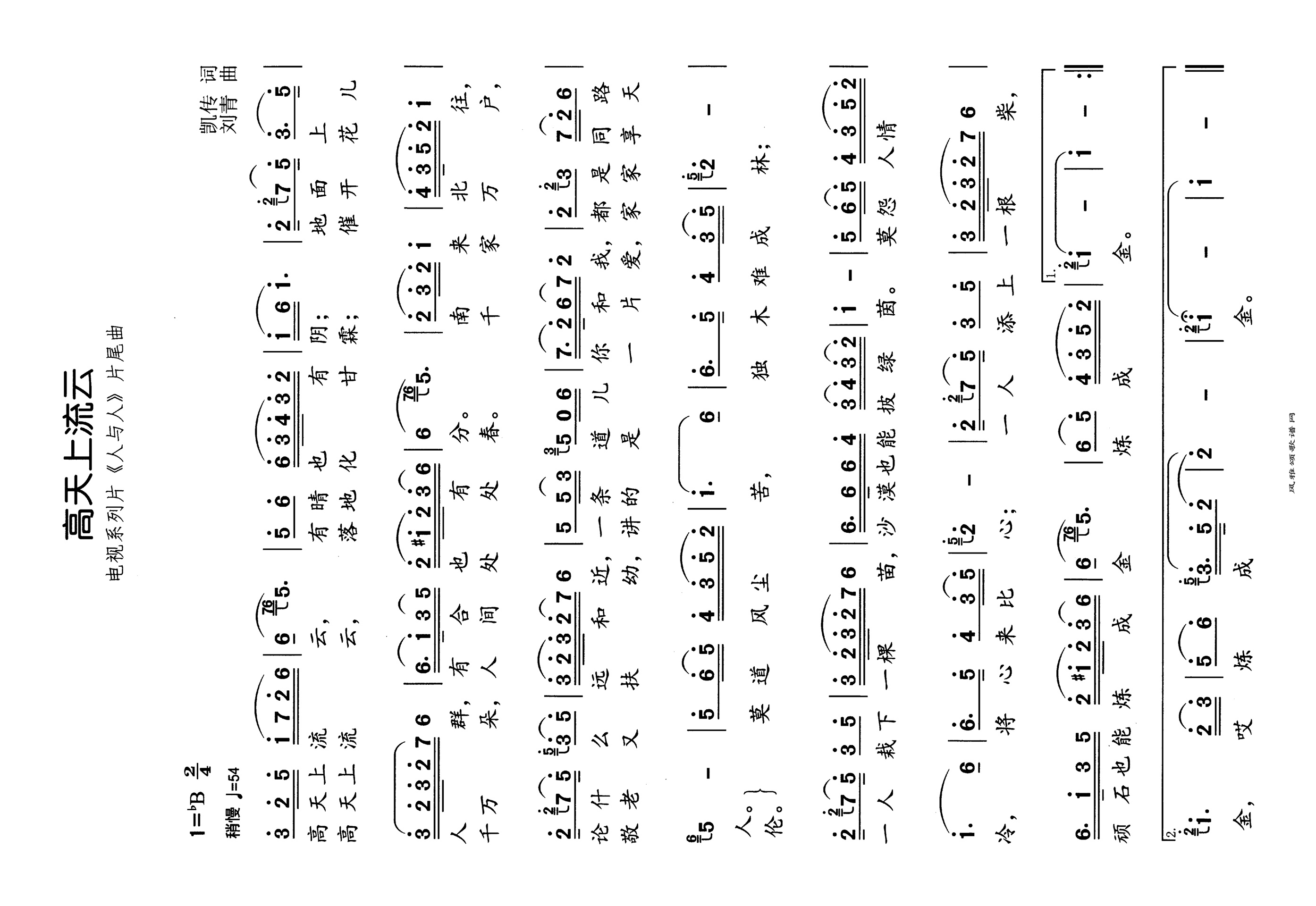 高天上流云电视片《人与人》片尾曲高清手机移动歌谱简谱