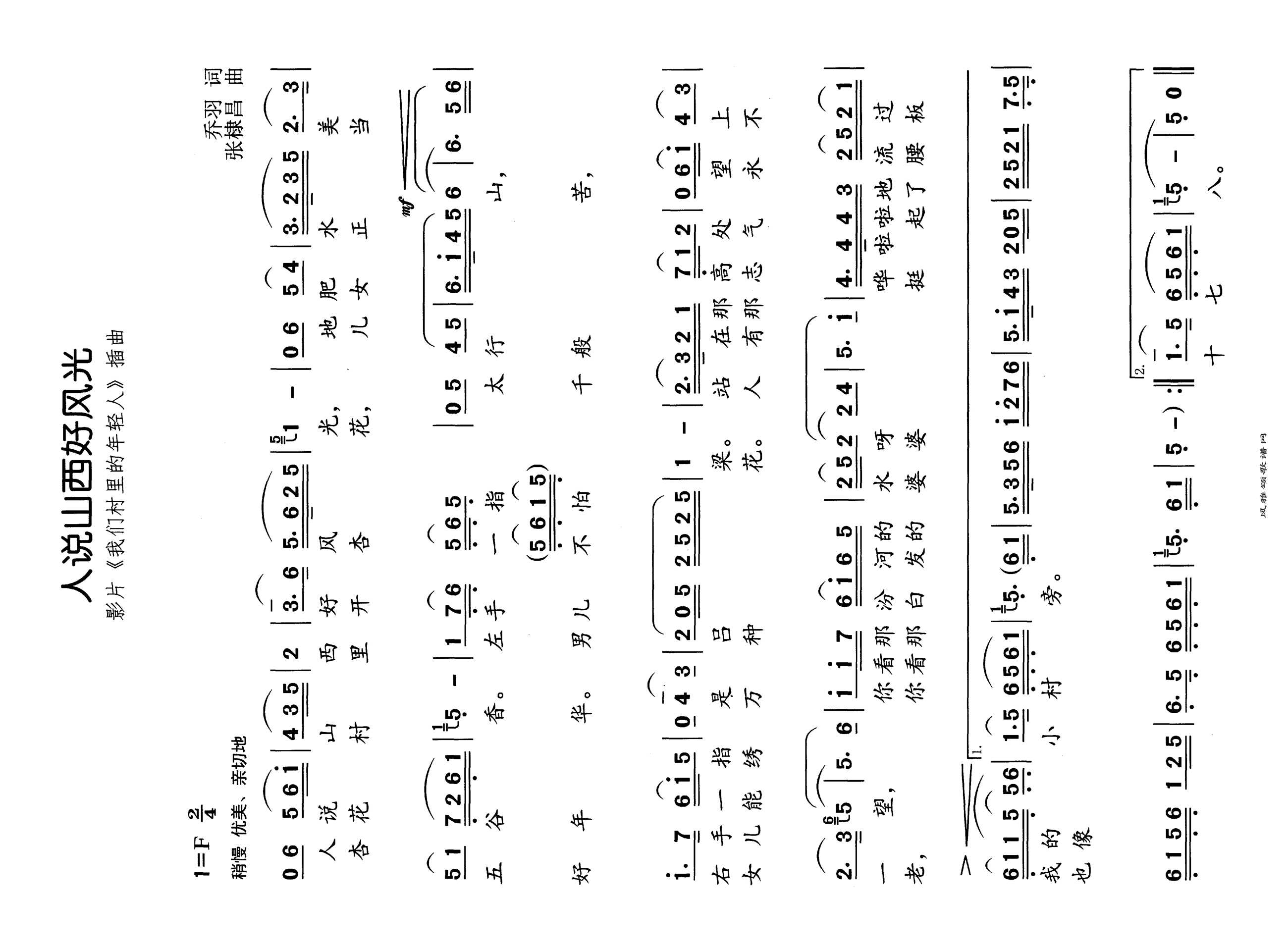 人说山西好风光电影《我们村里的年轻人》插曲高清手机移动歌谱简谱