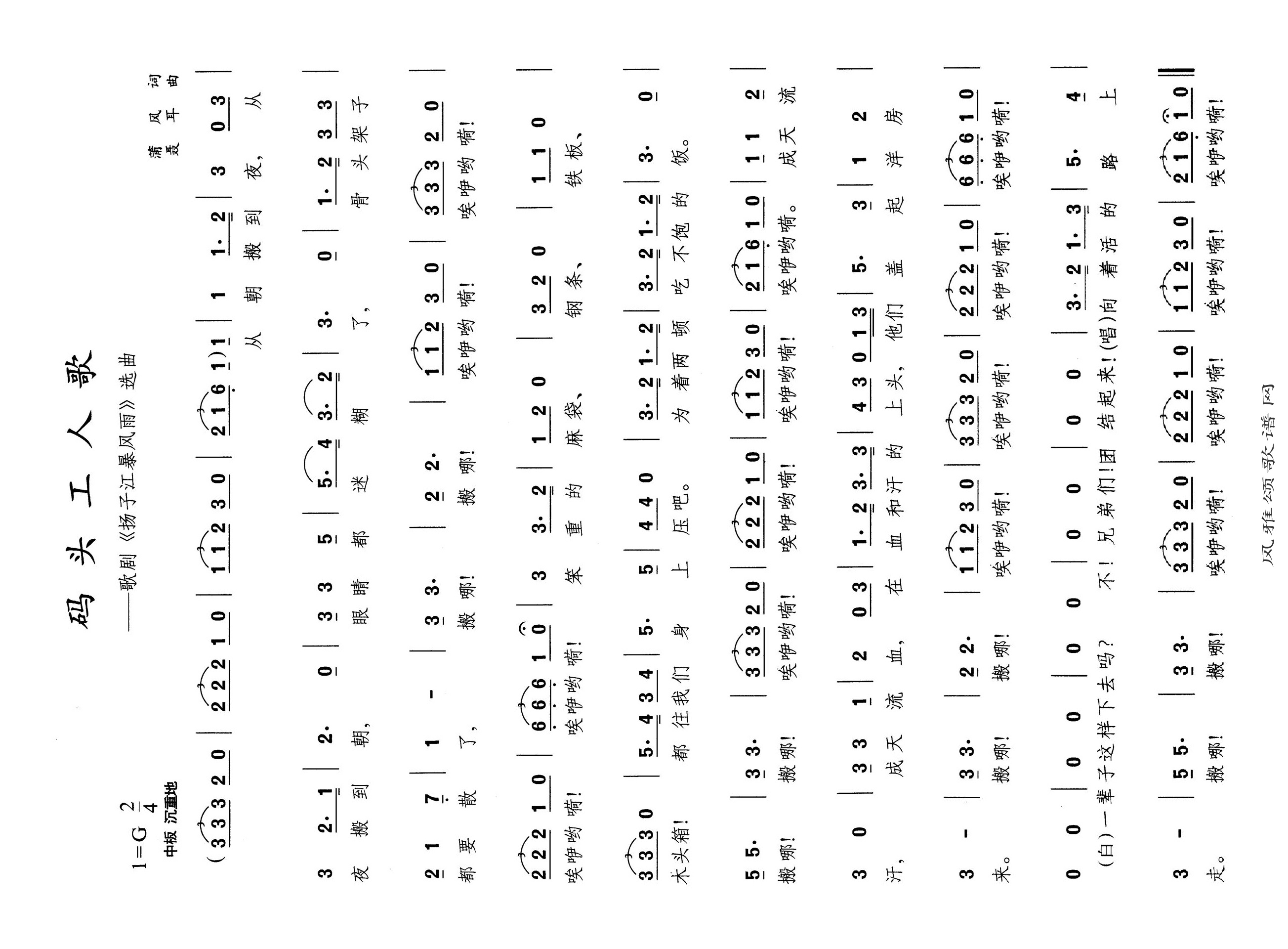 码头工人歌高清手机移动歌谱简谱