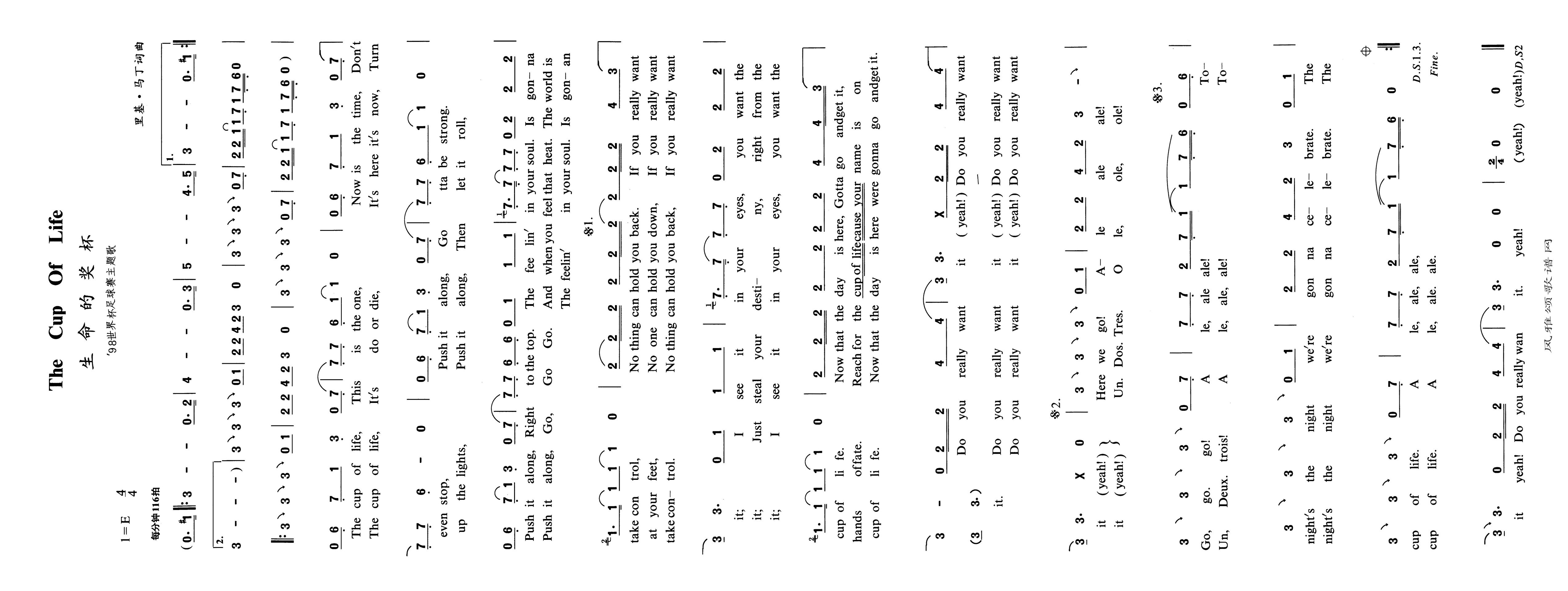 The Cup Of Life高清手机移动歌谱简谱