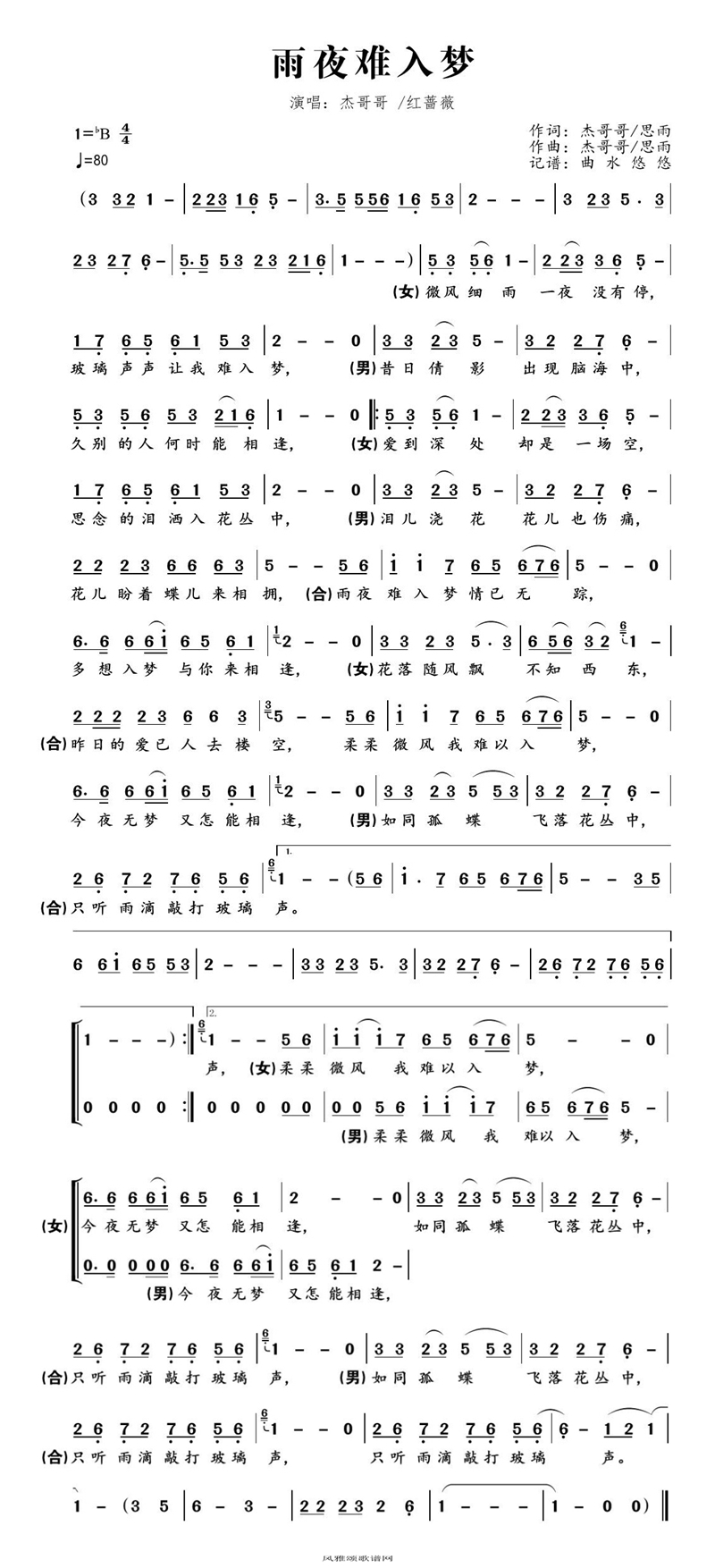 雨夜难如梦高清手机移动歌谱简谱